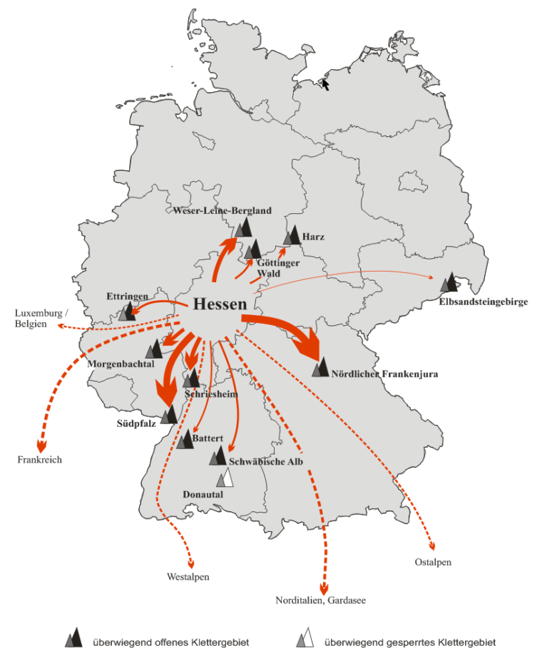 Potentielle Ausweichströme hessischer Kletterer bei zehnmonatigen Kletterverboten an Brutfelsen in Hessen
(c) IG Klettern Rhein-Main